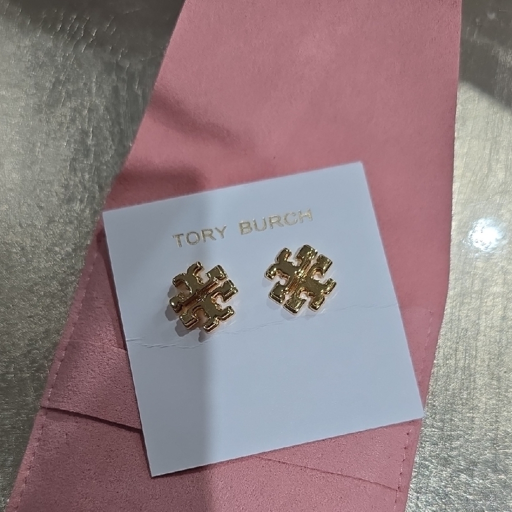 Tory Burch Gold Logo Stud Earrings NWT - Picture 2 of 5